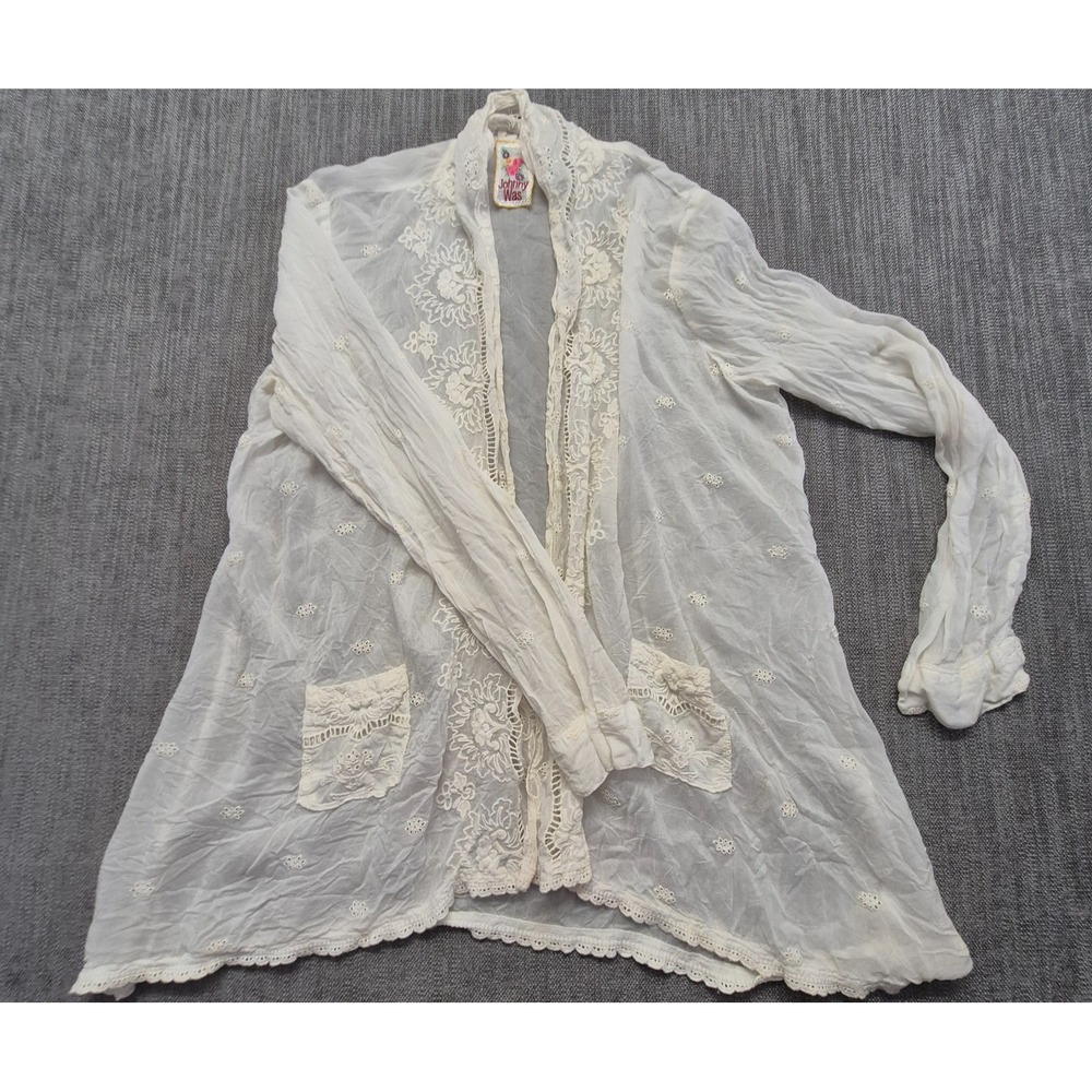 Johnny Was Women's Sheer White Embroidered Lace Duster Cardigan floral Boho
